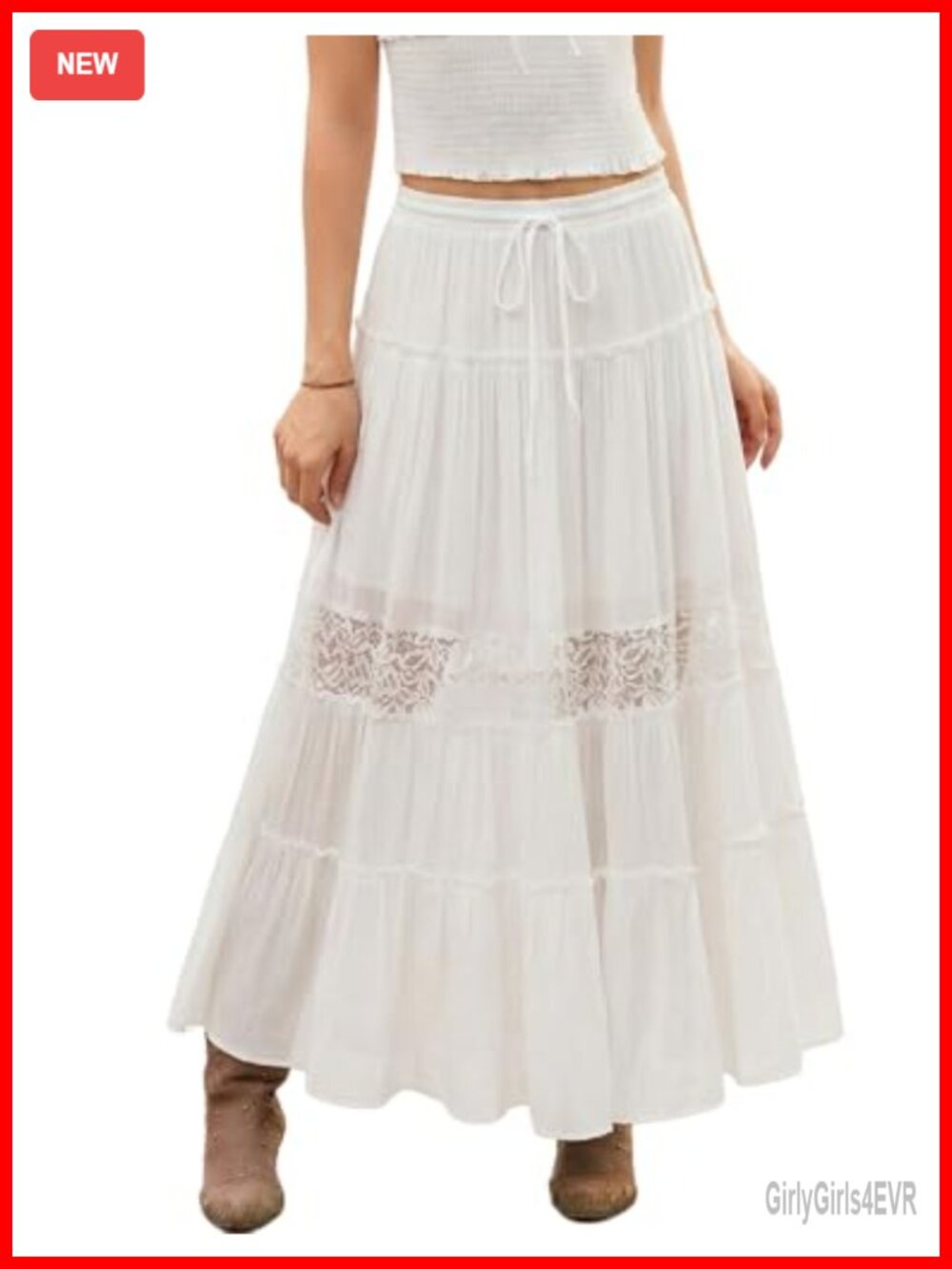 Boho Maxi Skirt Flowy Lace Tiered High Waisted A-Line with Pockets